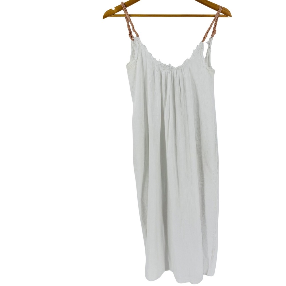 Barine White Gauze Cotton Pink Rope Strap Midi Dress Size L Beachy Boho Natural - Picture 8 of 8